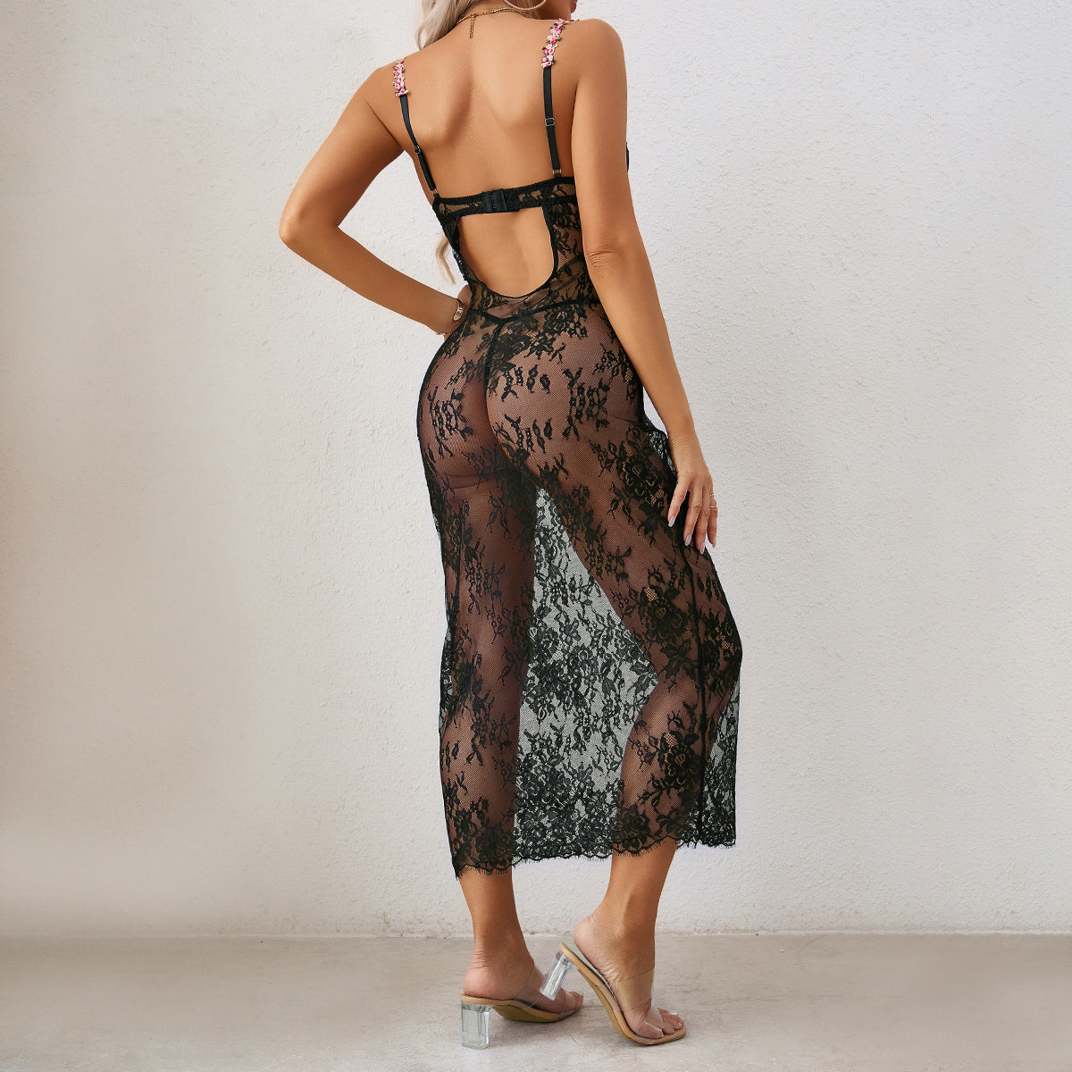 Black Christmas Lace Spaghetti Strap Babydoll Dress Set