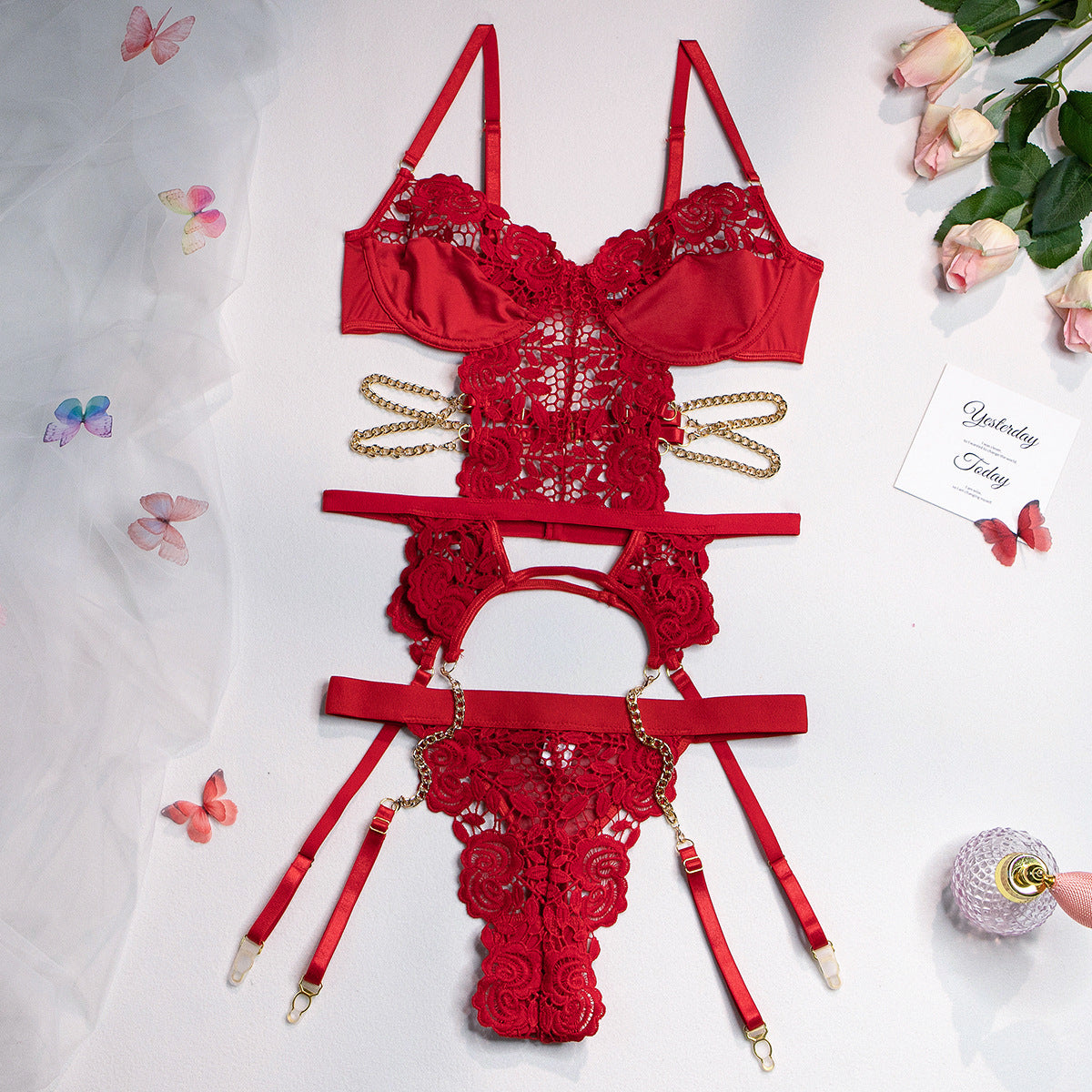 Lace Hollow-Out Backless Lingerie Set | Three-Piece Sexy Bra