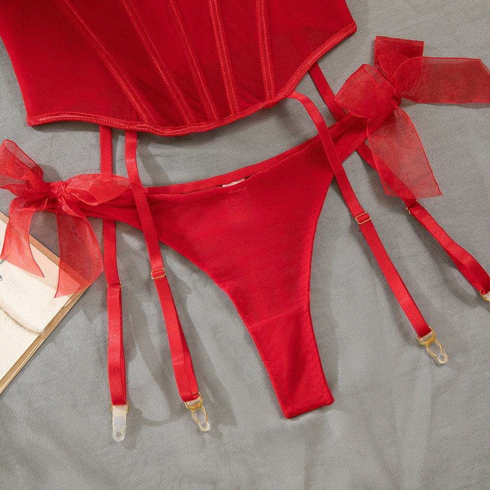 Fishbone Strap Sheer Mesh Sculpting Lingerie Set | Body-Shaping Underwear