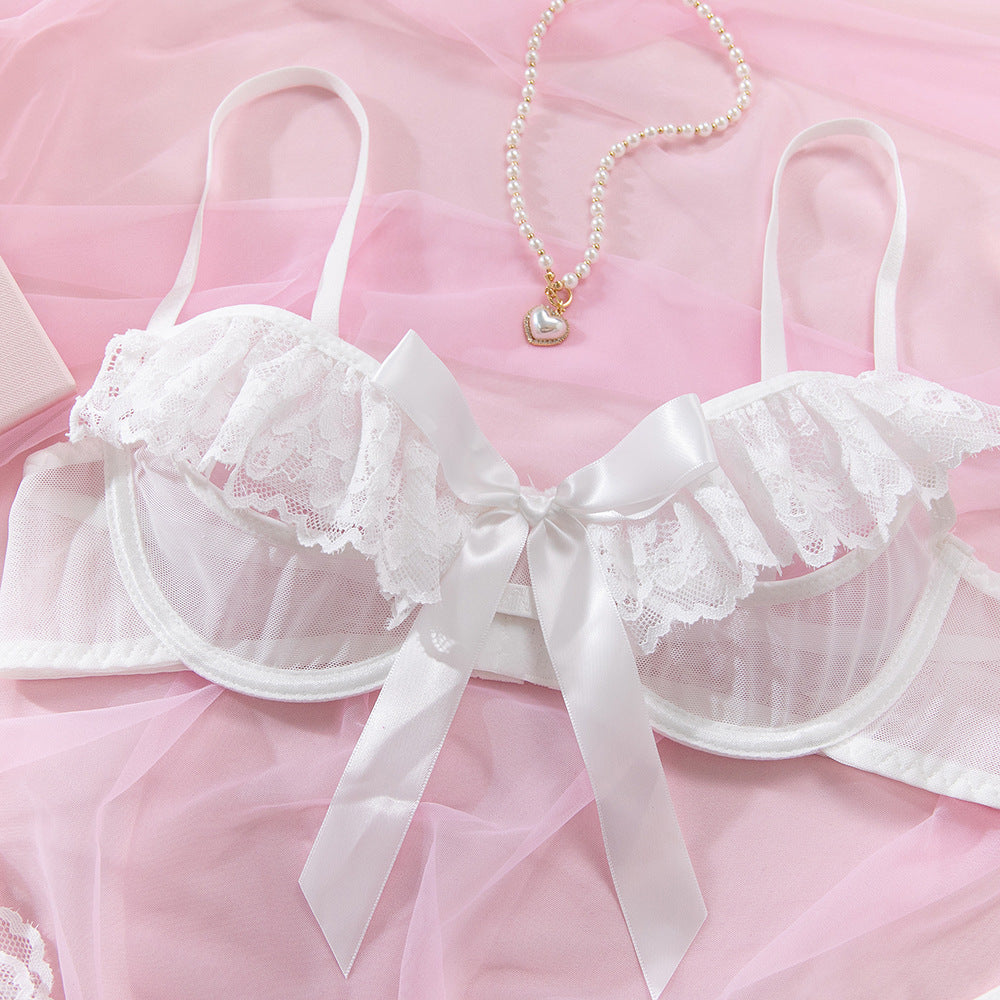 White Lace Three-Piece Lingerie Set | Underwire Bralette & Skirt