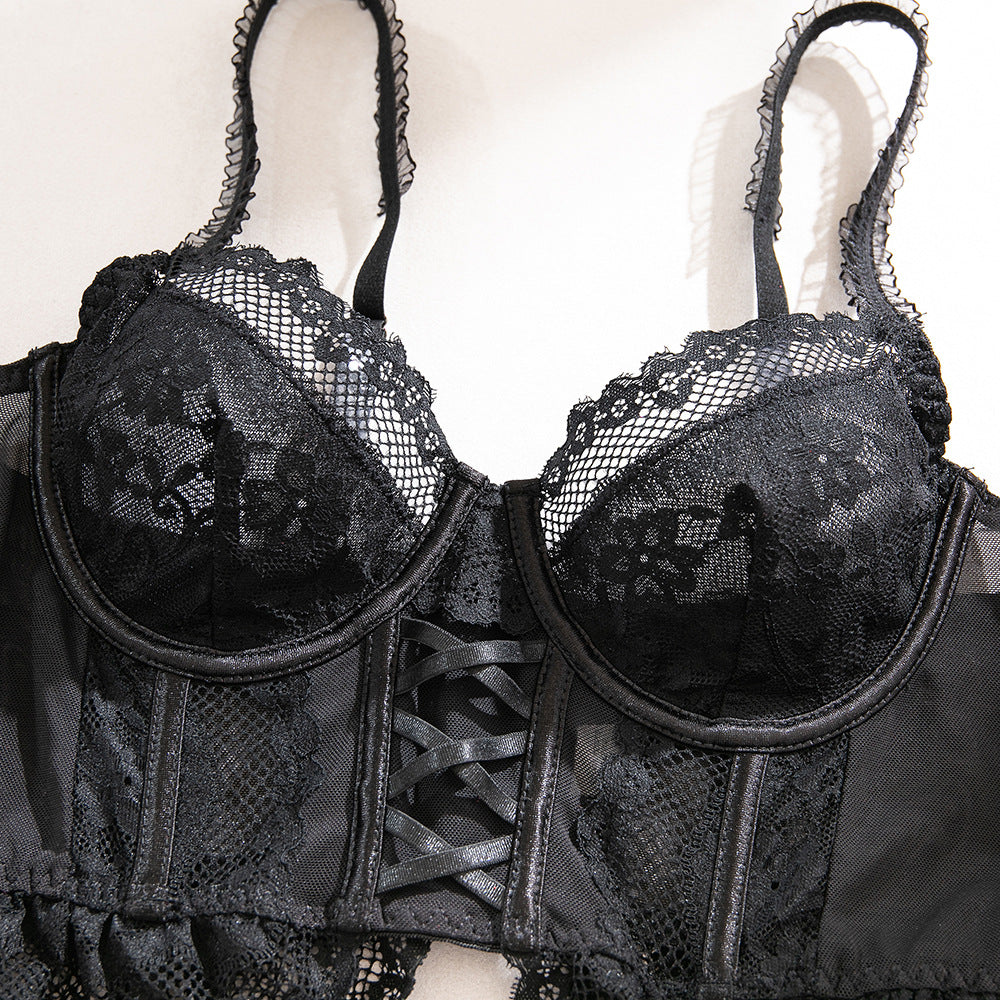 Black Lace Sheer Hollow-Out Bra & High-Waist Panty Set