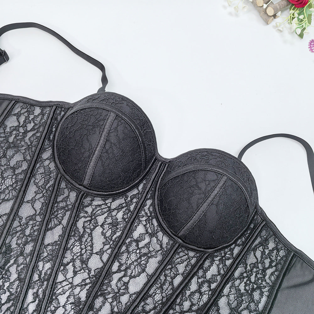 Mesh Off-Shoulder Lace Fishbone Corset Bra