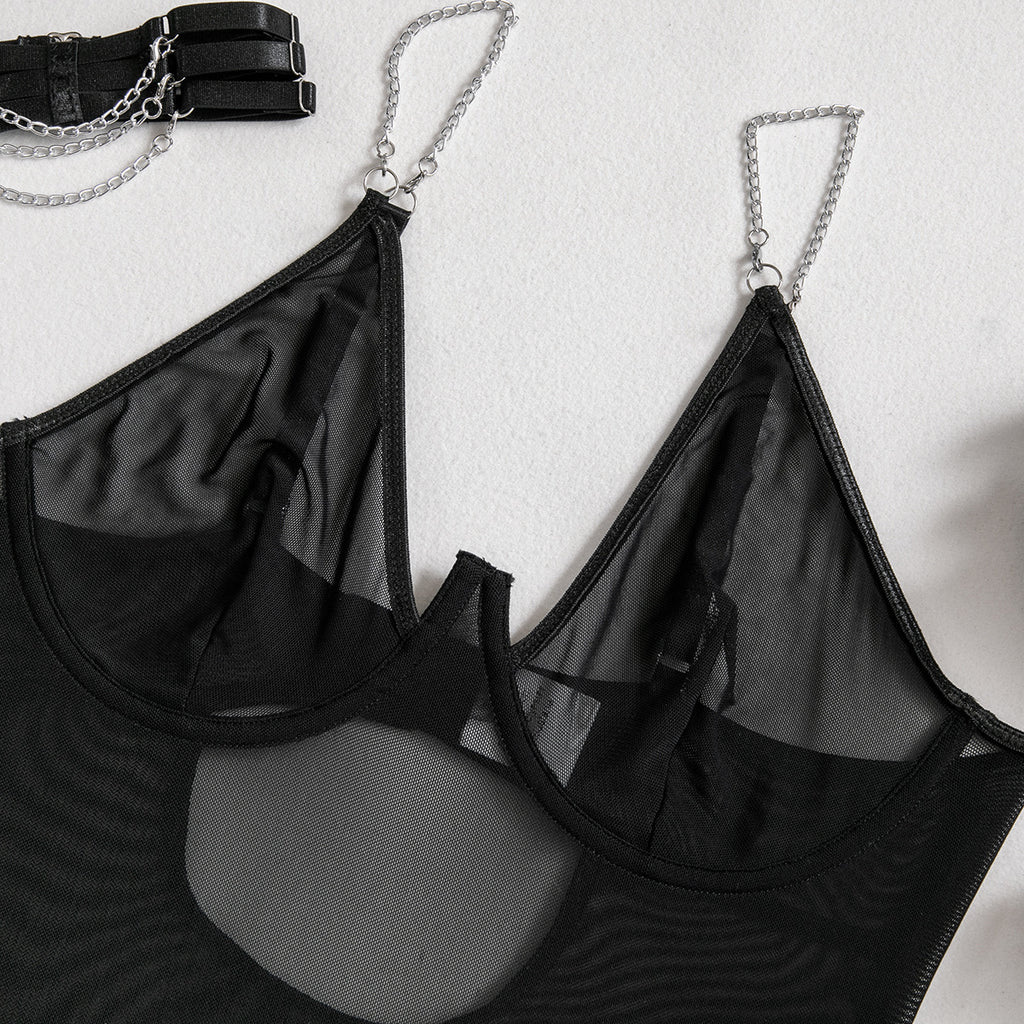 Chain Halter Neck Sheer Lift Goth Two-Piece Sexy Lingerie Set