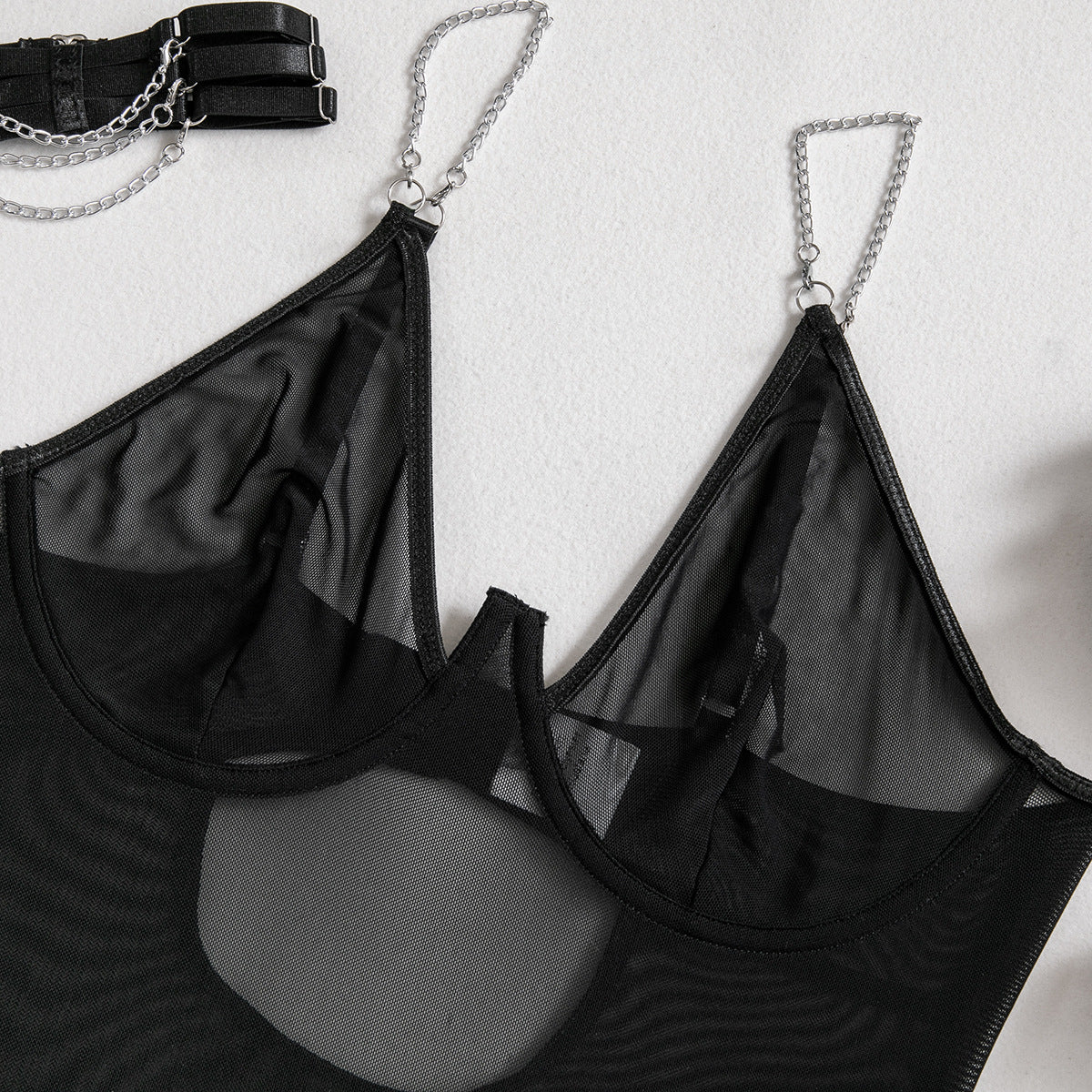 Chain Halter Neck Sheer Lift Goth Two-Piece Sexy Lingerie Set