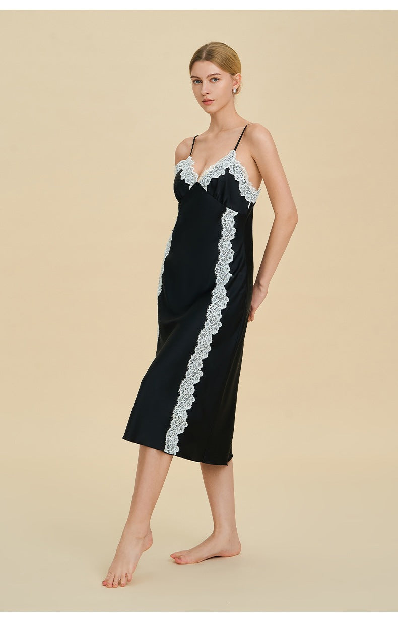 French Lace Deep V Slip Nightgown | Elegant Spaghetti Strap Sleepwear