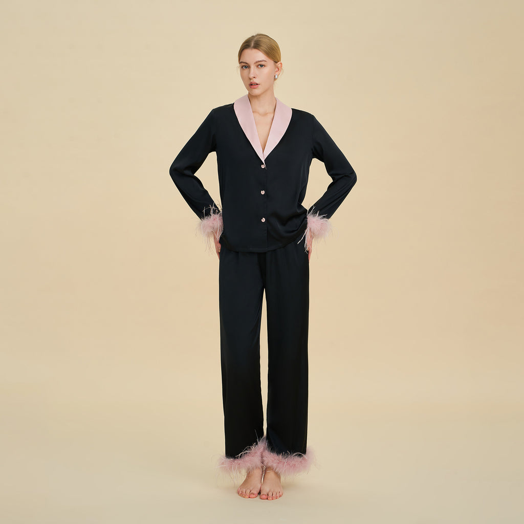 Feather Trim Luxury Pajama Set | Premium Gift Loungewear