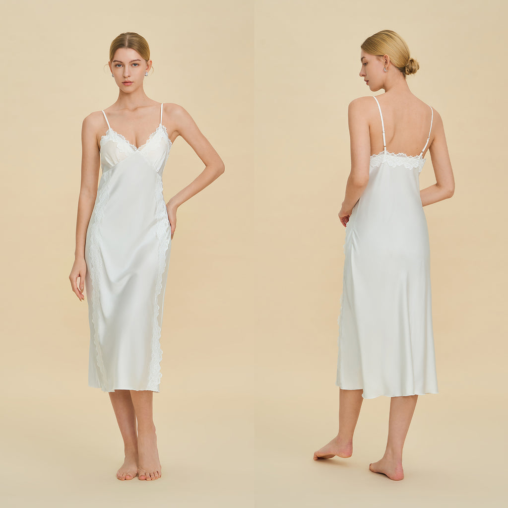 French Lace Deep V Slip Nightgown | Elegant Spaghetti Strap Sleepwear