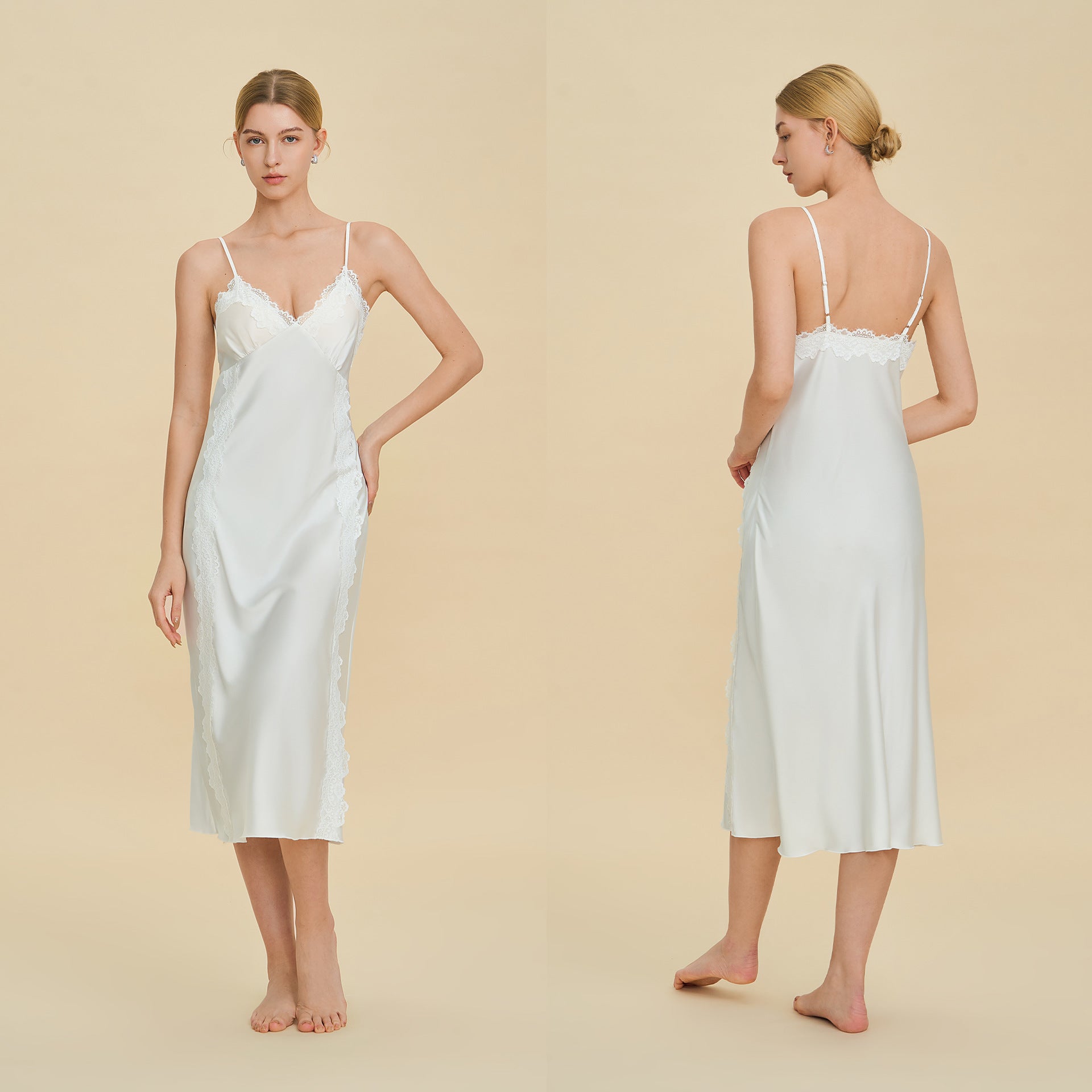 French Lace Deep V Slip Nightgown | Elegant Spaghetti Strap Sleepwear