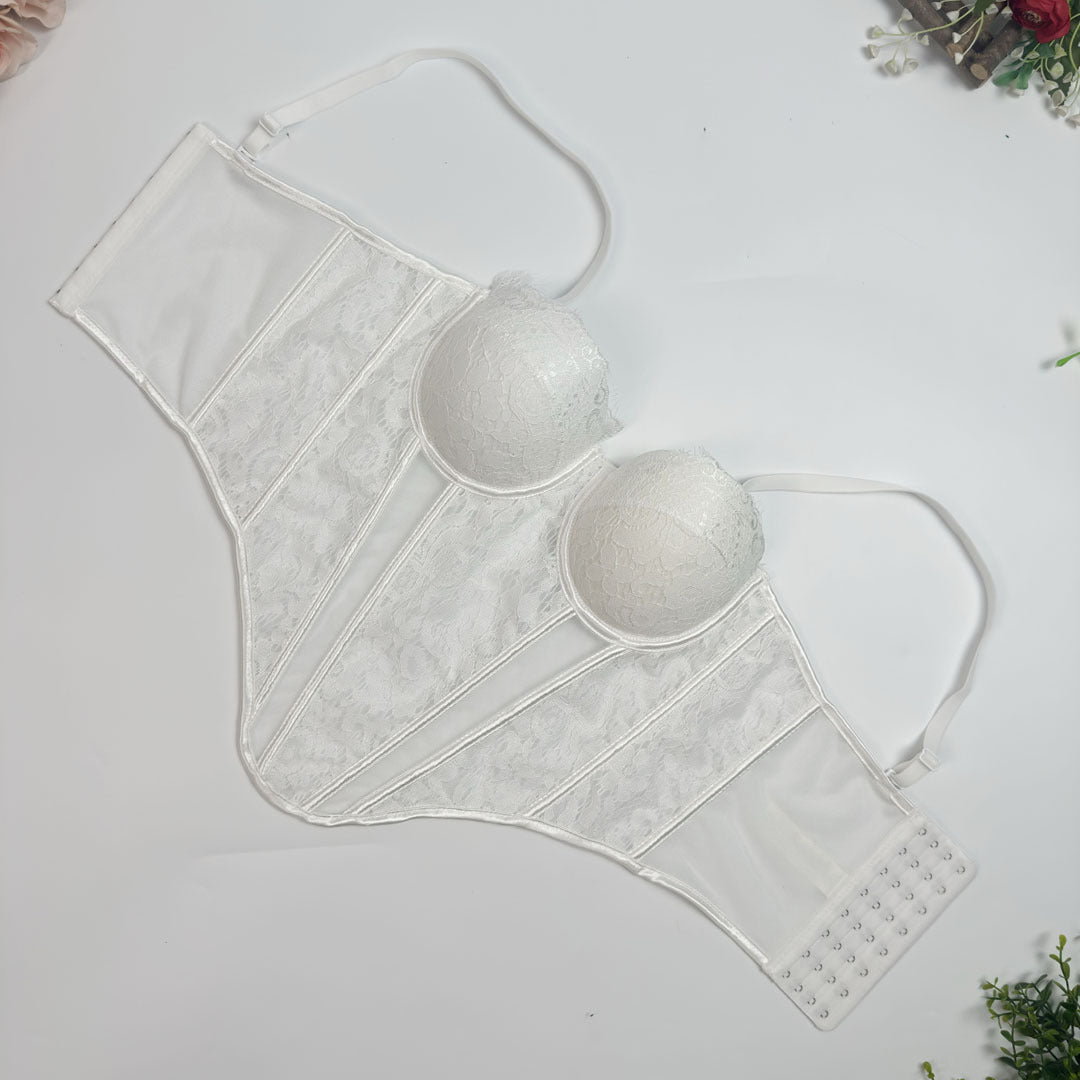 Lace & Mesh Splice Fishbone Corset Bra