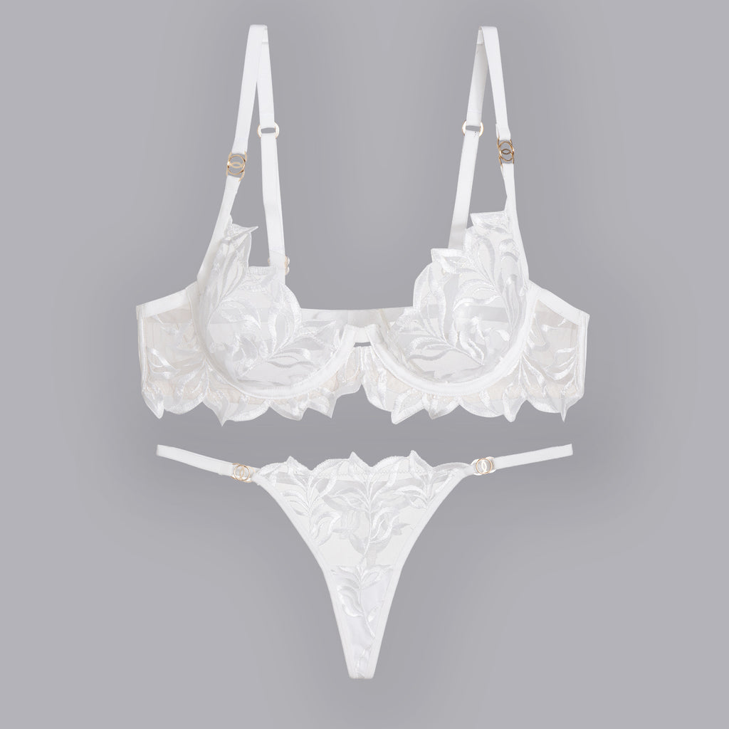 Embroidery Lace Anti-Sag Bra Set – Sheer, Full Coverage, with Thong