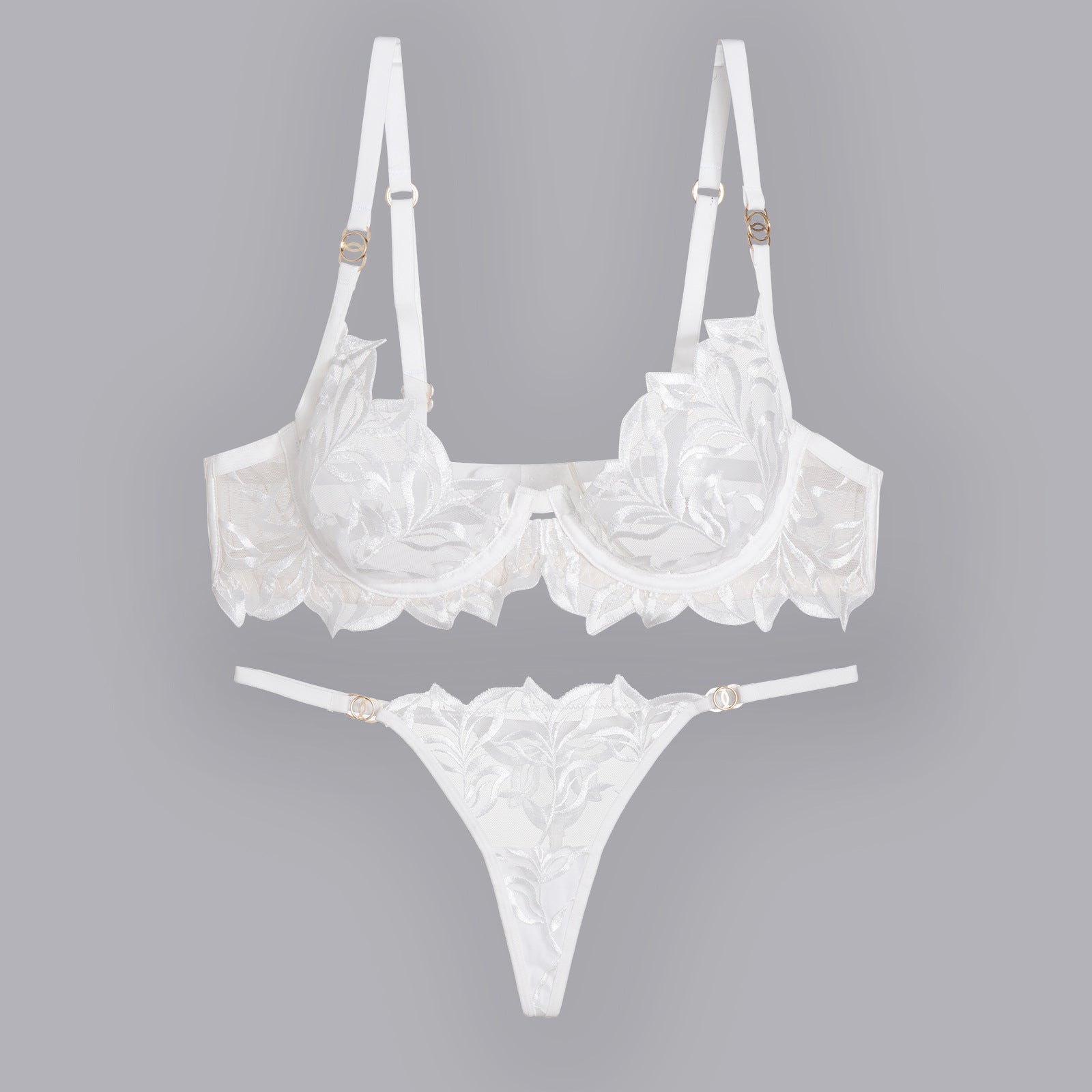 Embroidery Lace Anti-Sag Bra Set – Sheer, Full Coverage, with Thong