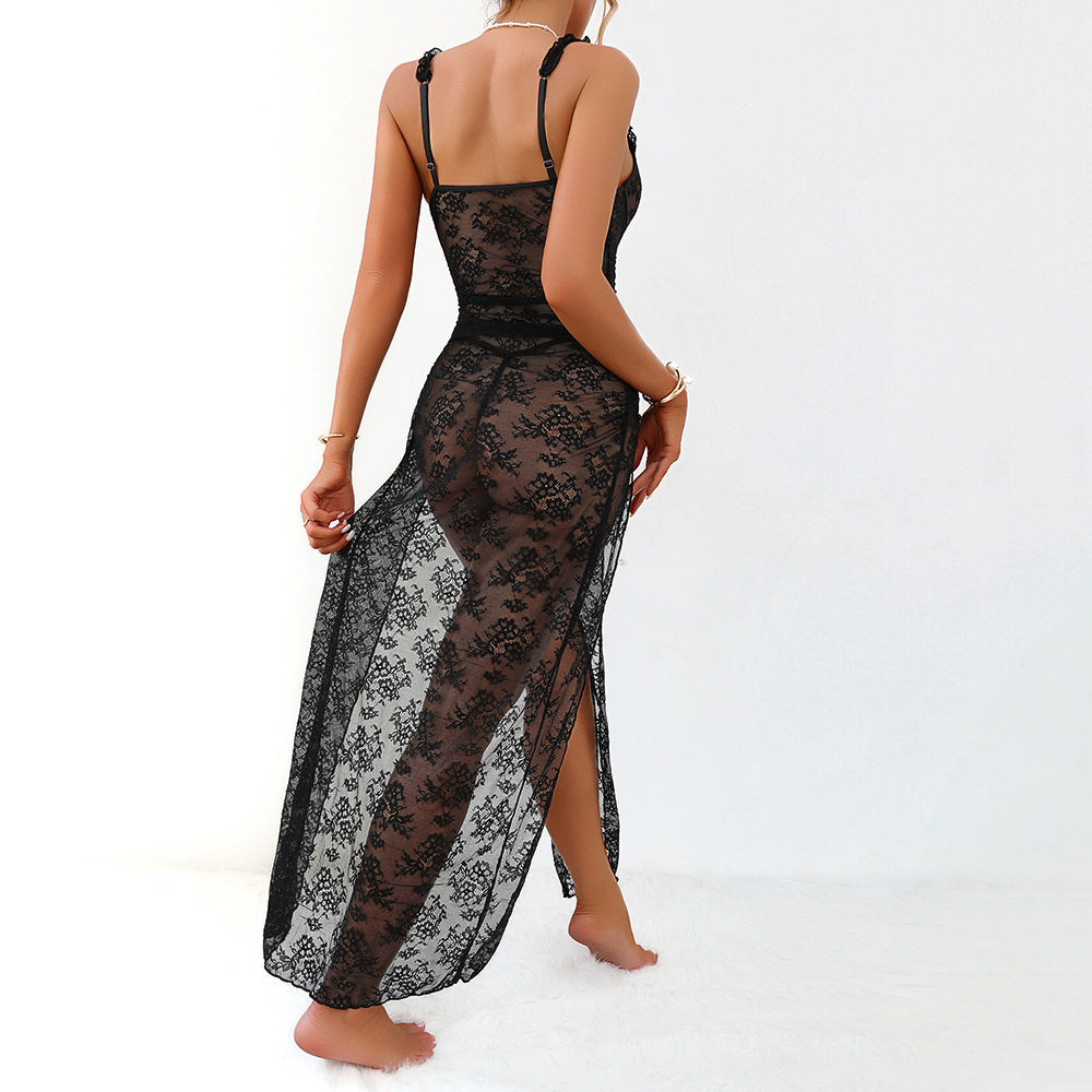 Black Lace Sheer Hollow-Out High-Slit Maxi Sleep Dress