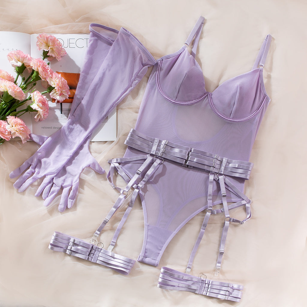 Strappy Patchwork Bodycon Gloves 3-Piece Lingerie Set