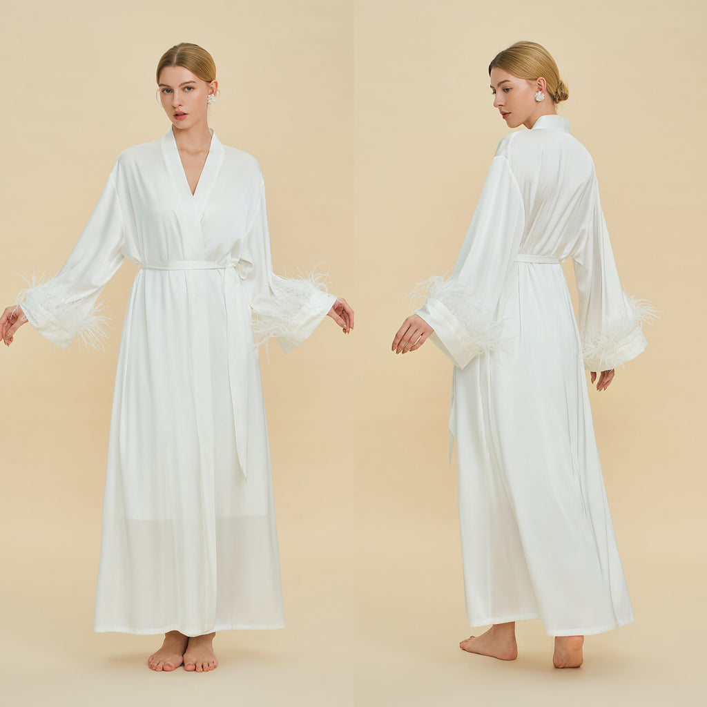 Ostrich Feather Cape Robe | Acetate Satin Luxury Loungewear