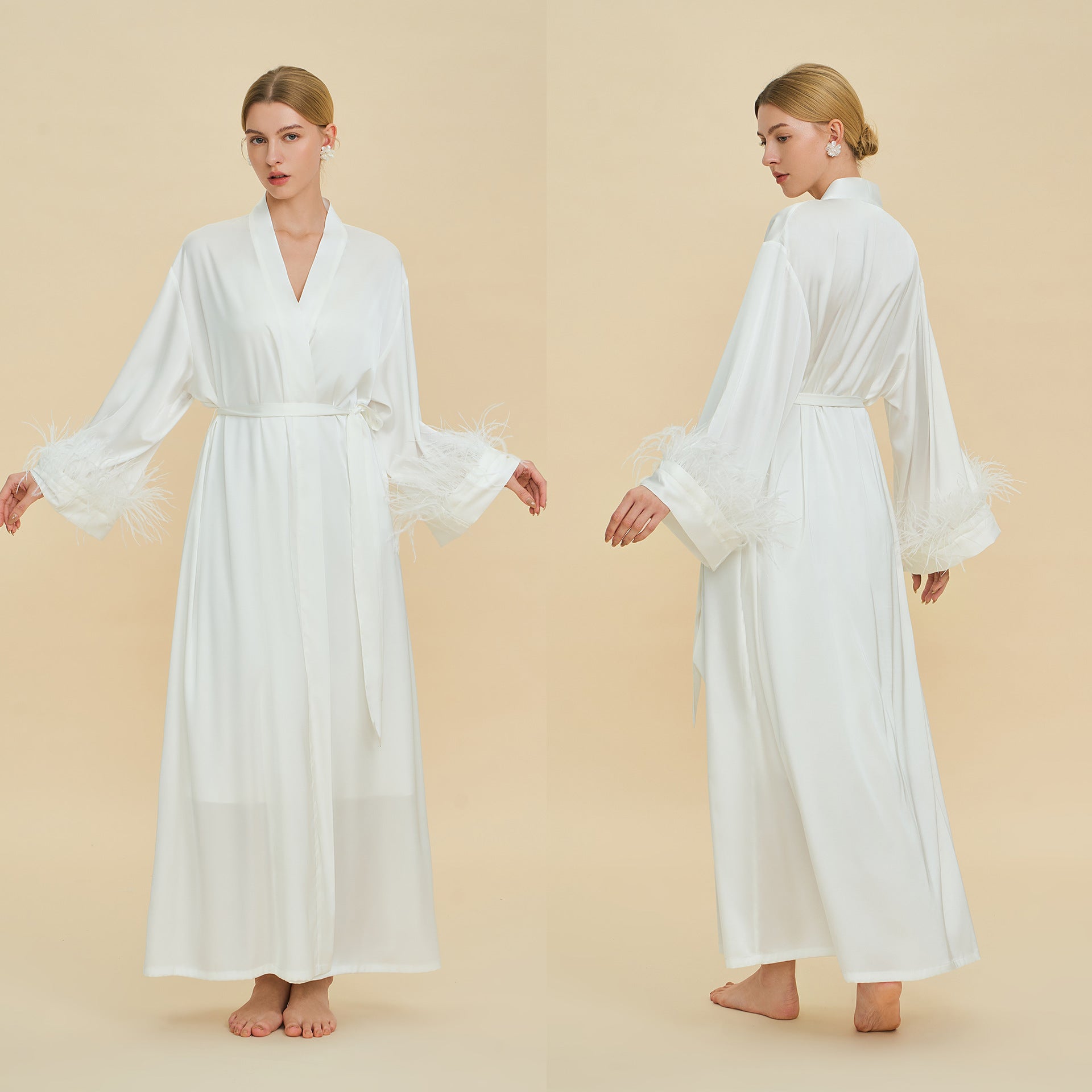 Ostrich Feather Cape Robe | Acetate Satin Luxury Loungewear