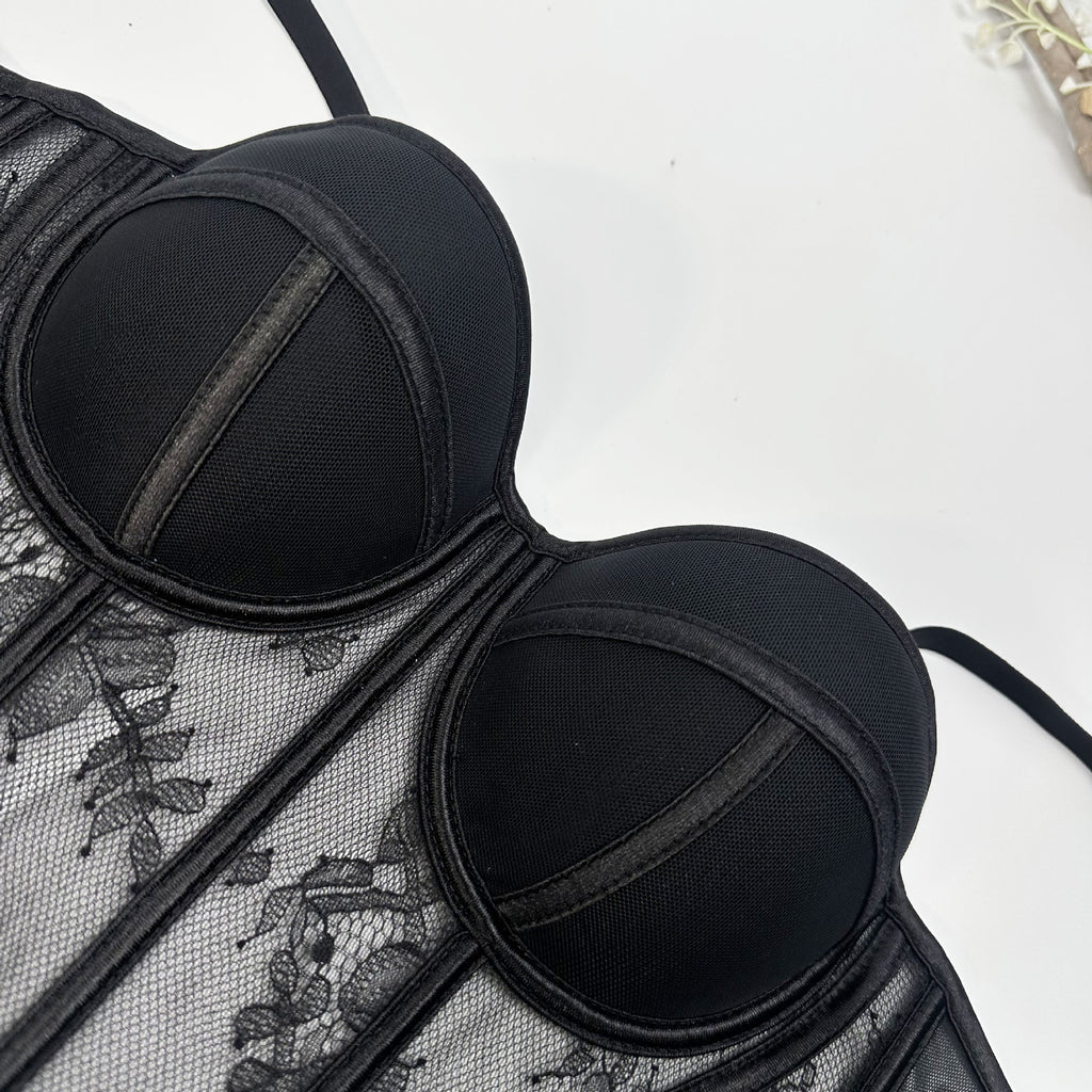 Underwire Sheer Lace Fishbone Corset Bra