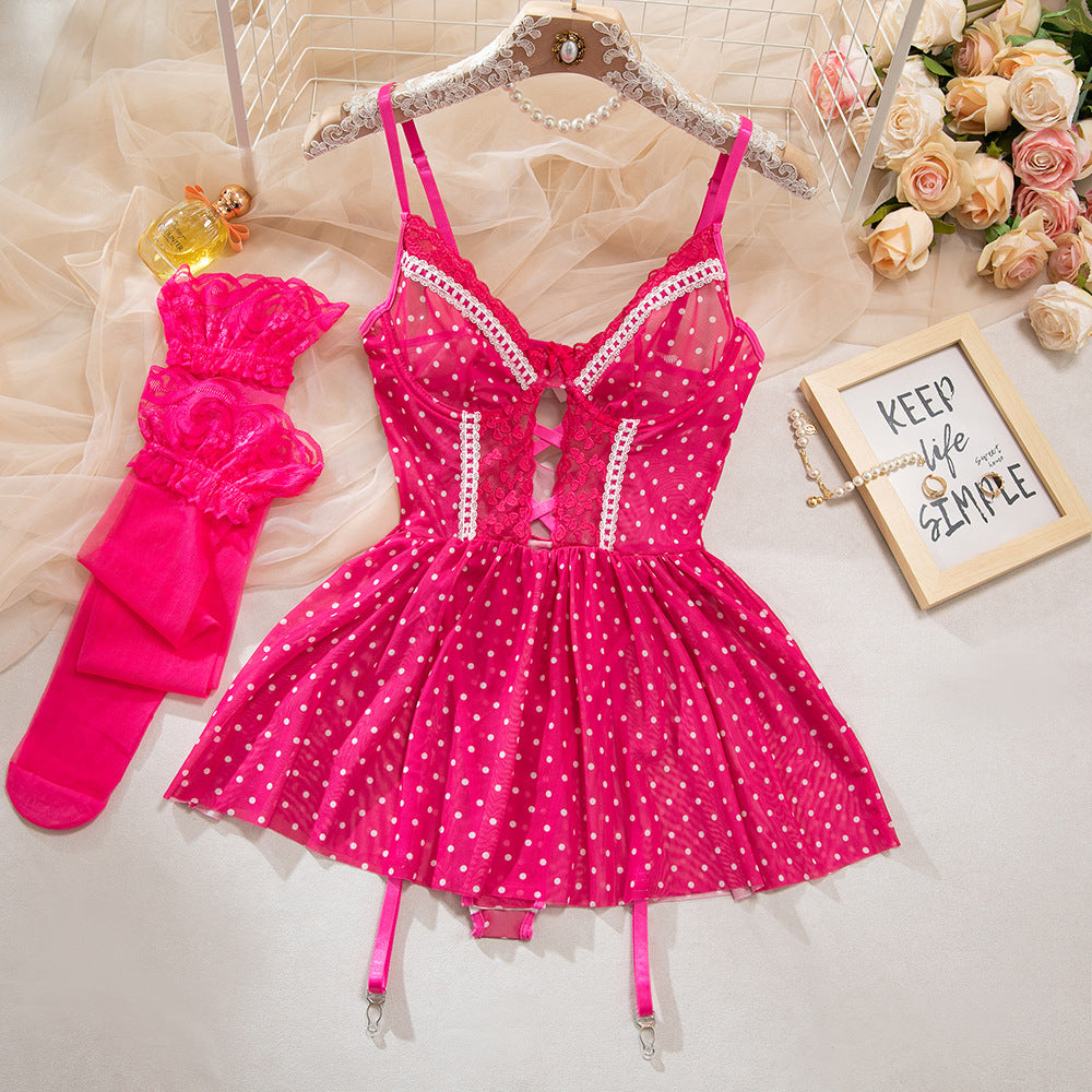 Rose Polka Dot Embroidery Patchwork Gathering Slip Dress with Stockings