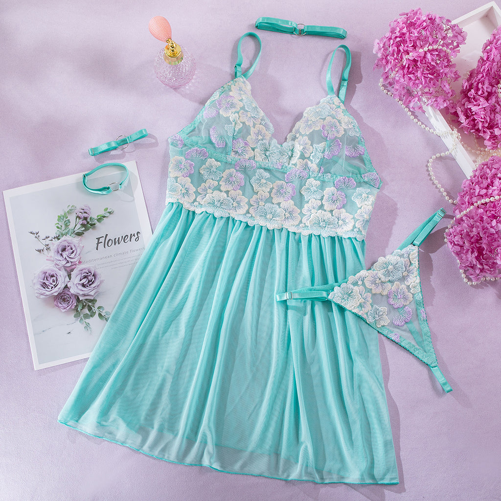 Mint Green Embroidery Mesh Halter Neck Babydoll Four-Piece Set