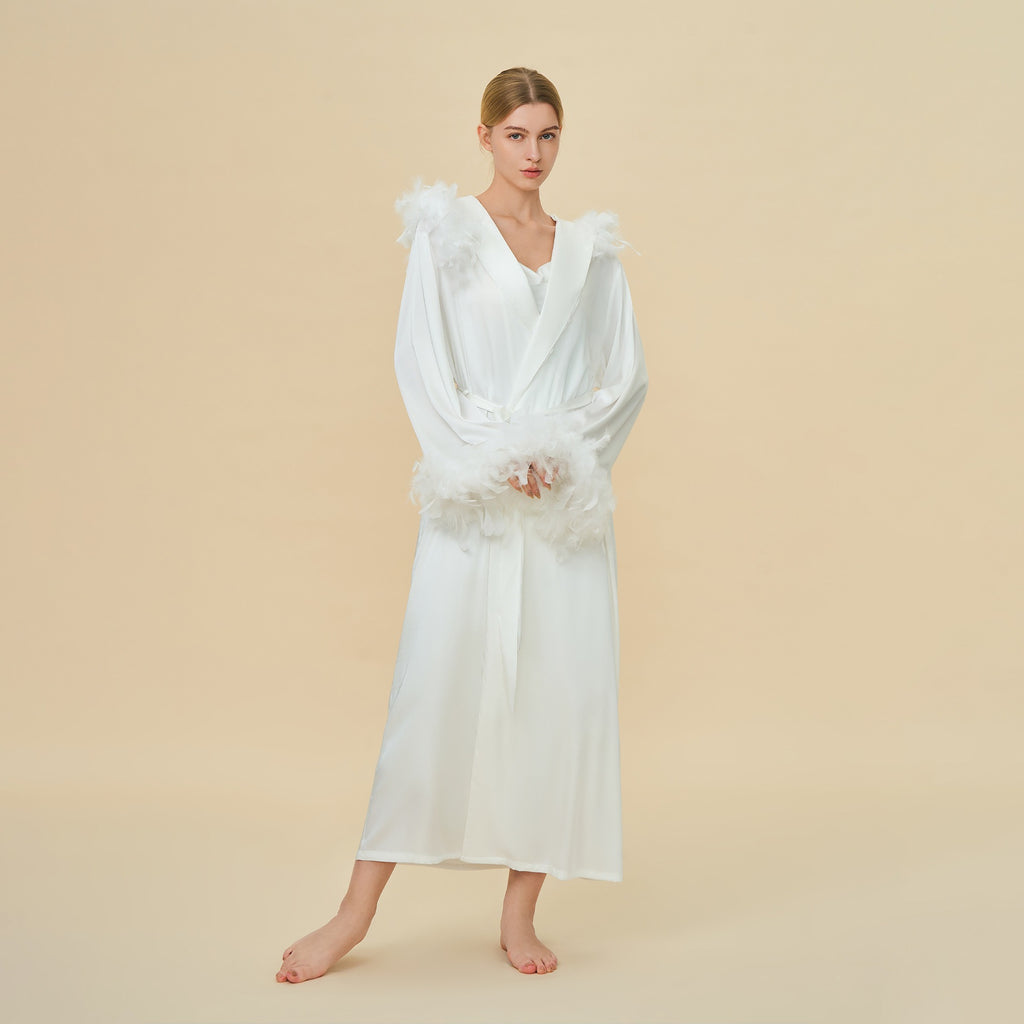 Hooded Feather Trim Long Robe | Detachable Luxury Loungewear