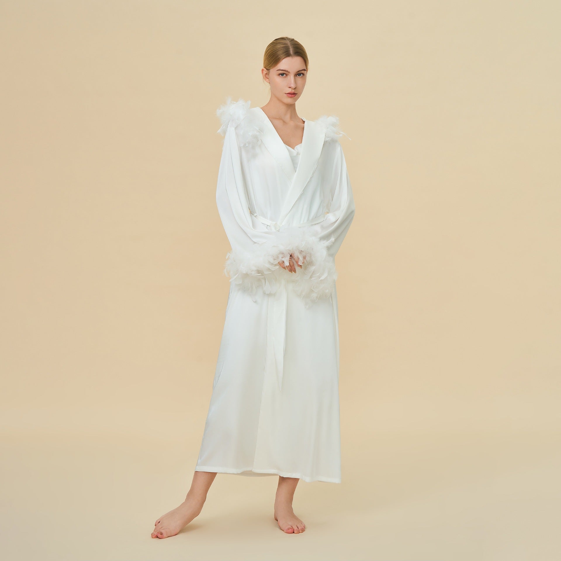 Hooded Feather Trim Long Robe | Detachable Luxury Loungewear