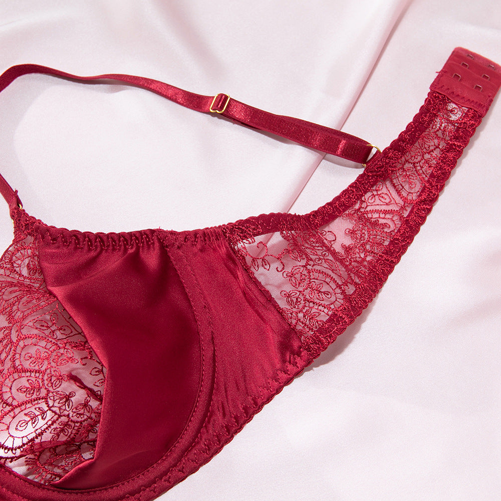 Burgundy Lace Embroidery Eyelash Trim Sheer Bra Lingerie Set