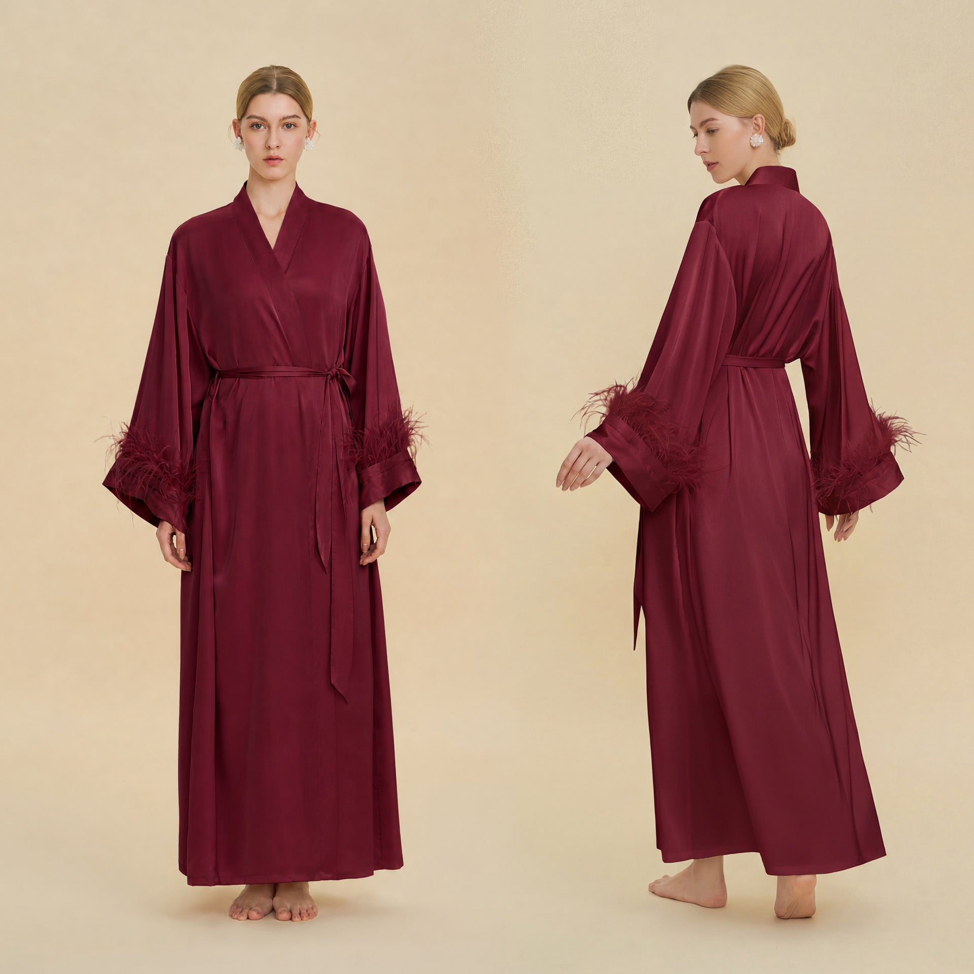 Ostrich Feather Cape Robe | Acetate Satin Luxury Loungewear