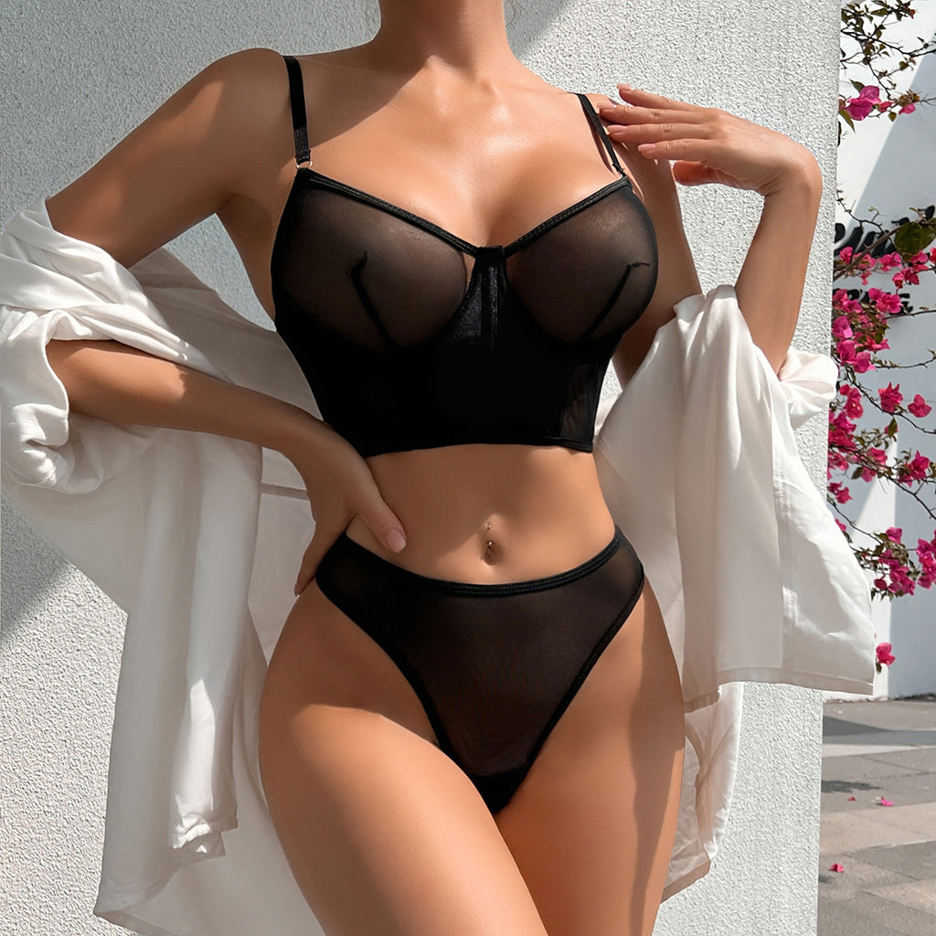 Fishbone Colorblock Sheer Mesh Lift Bra Set