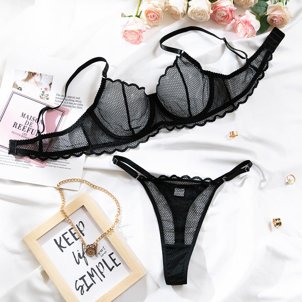 Cross-border French sexy lace mesh ultra-thin summer new underwear comfortable top support with steel ring bra set
