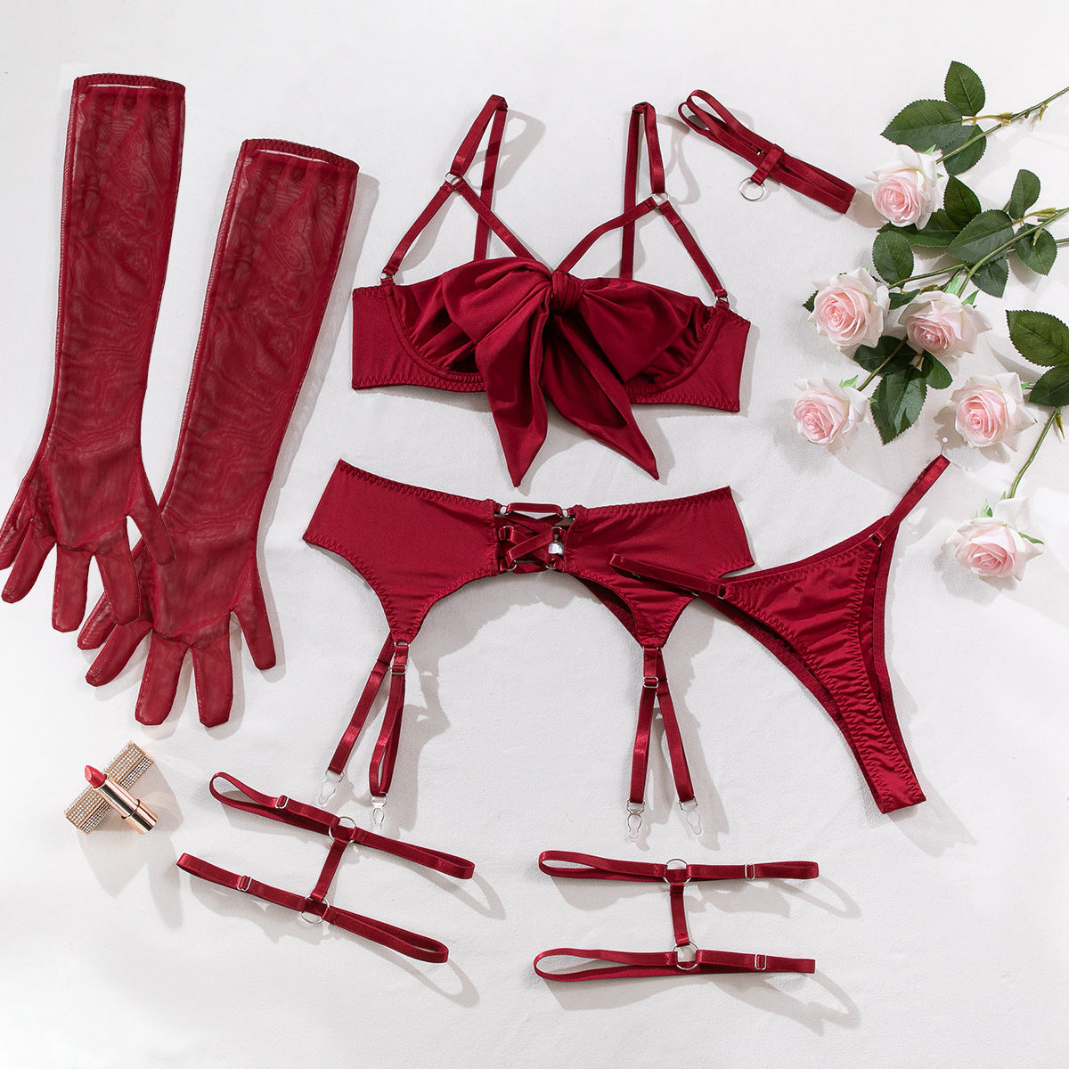 Vixen Bow Underwire Lingerie Set with Gloves