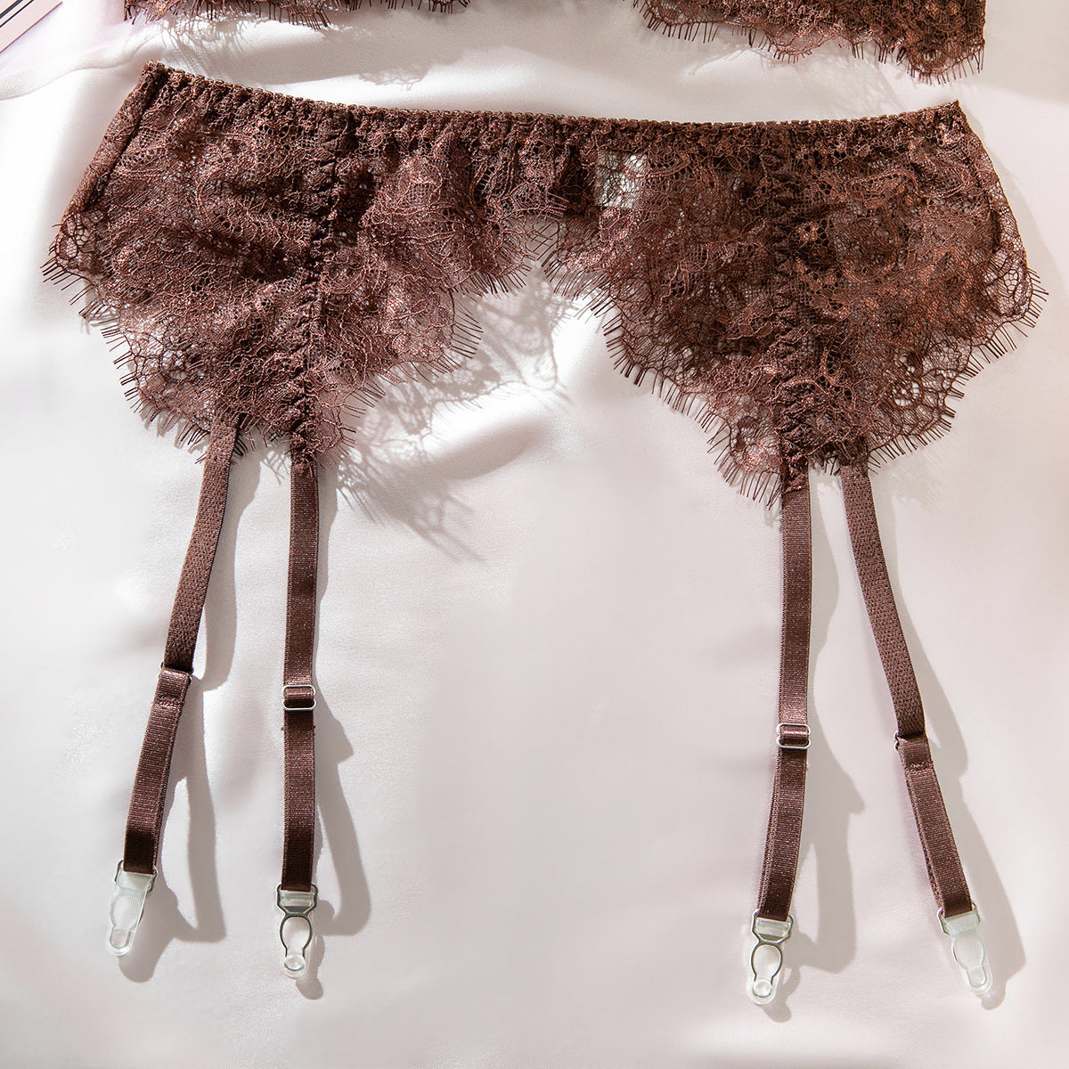 Mocha Ultra-Thin Lace Underwire Bra Set with Waist Belt