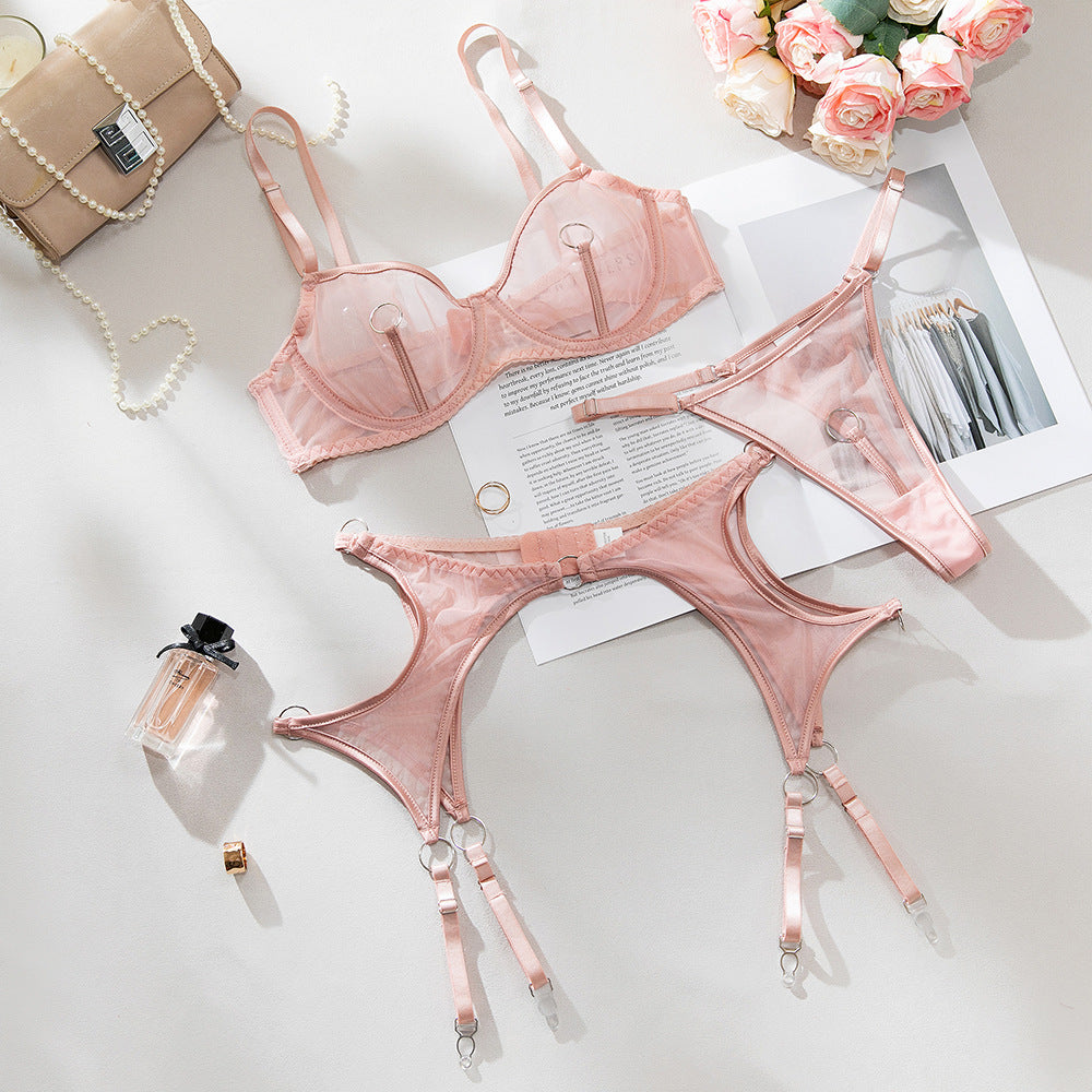 Sheer Mesh Gathering Bra Lingerie Set with Body Chain Accessories