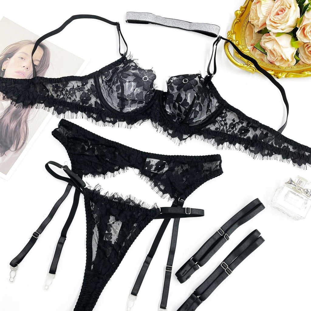 Sheer Lace Suspender, Leg Ring & Thong Set – Ultra-Thin
