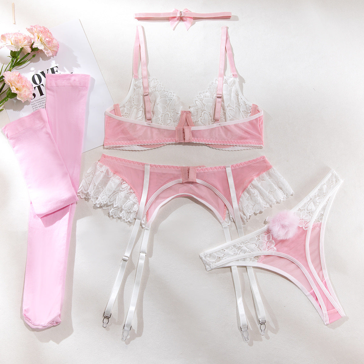 Lace Mesh Splice Nurse Fantasy Five-Piece Sexy Lingerie Set