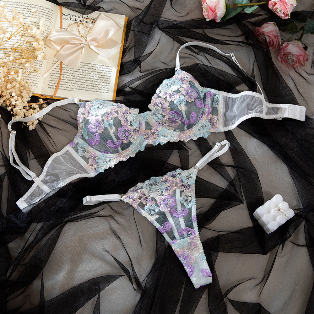 Blue & White Embroidery Sling Mesh Underwire Lift Bra Set