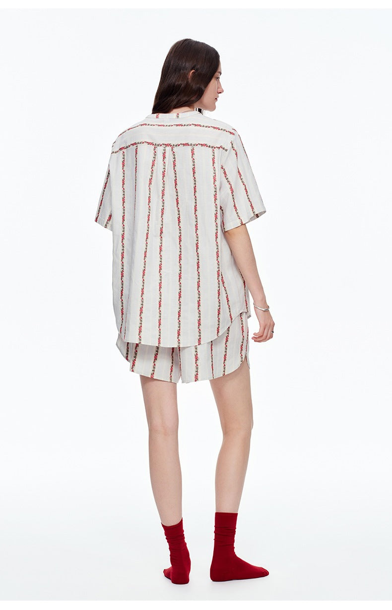 Pure Cotton Rose Stripe Short Sleeve Pajama Set | Sweet Summer Loungewear