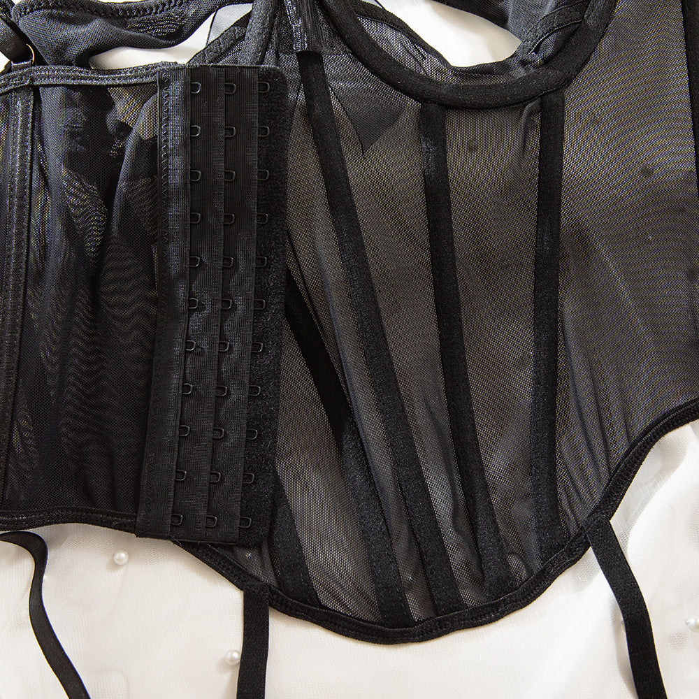 Fishbone Strap Sheer Mesh Sculpting Lingerie Set | Body-Shaping Underwear