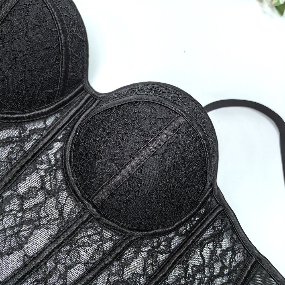 Mesh Off-Shoulder Lace Fishbone Corset Bra