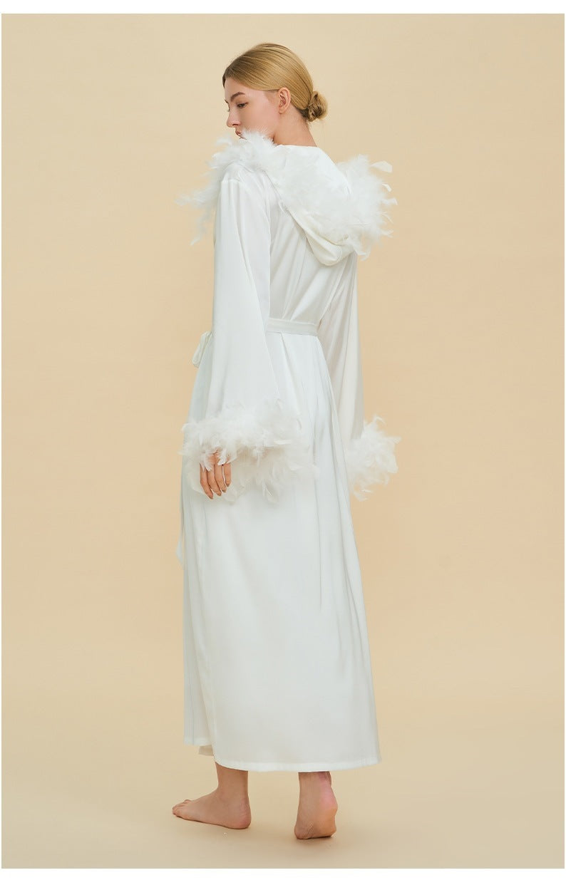Hooded Feather Trim Long Robe | Detachable Luxury Loungewear
