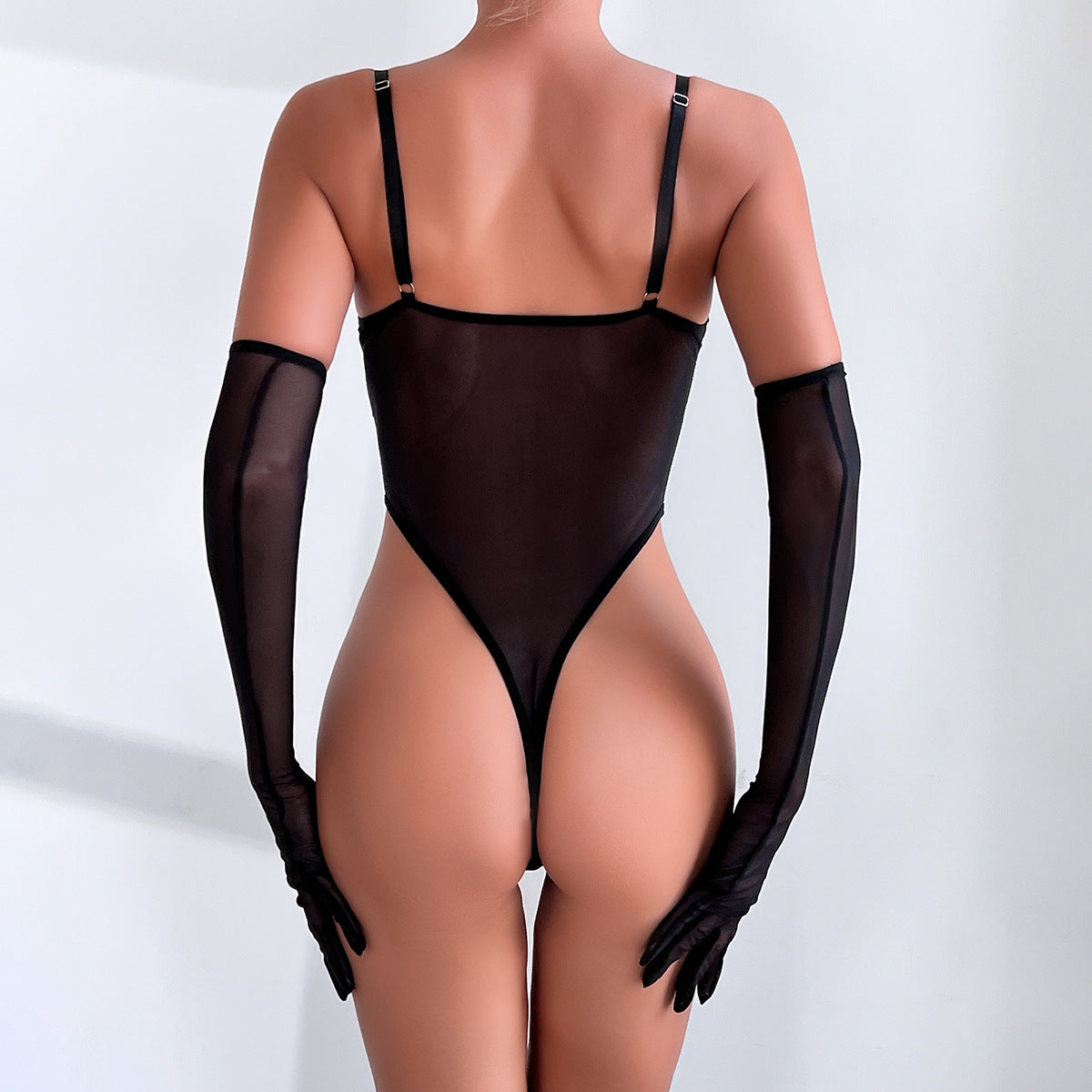 Sheer Mesh Bodysuit with Gloves | Slim-Fit Hip-Lift Lingerie Onesie