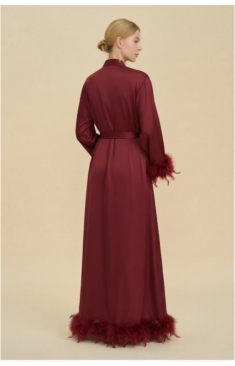 Feather Trim Trailing Long Morning Robe | Luxury Nightgown Robe