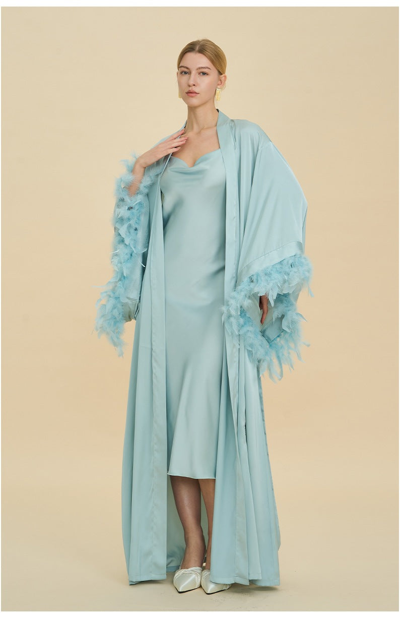 French Feather Trim Bridal Robe Set | Luxury Bridesmaid & Wedding Nightgown