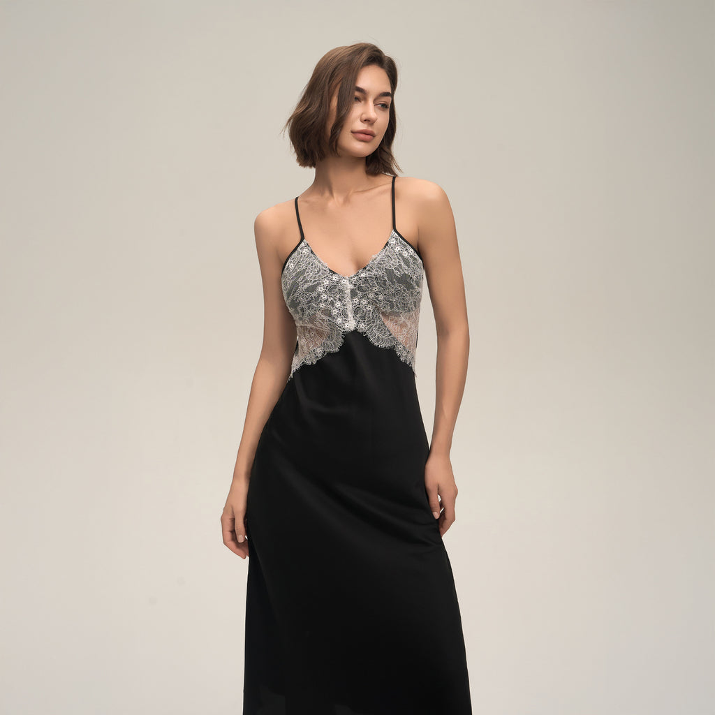 Satin Chiffon Lace Backless Spaghetti Strap Maxi Nightgown — Sexy Loungewear