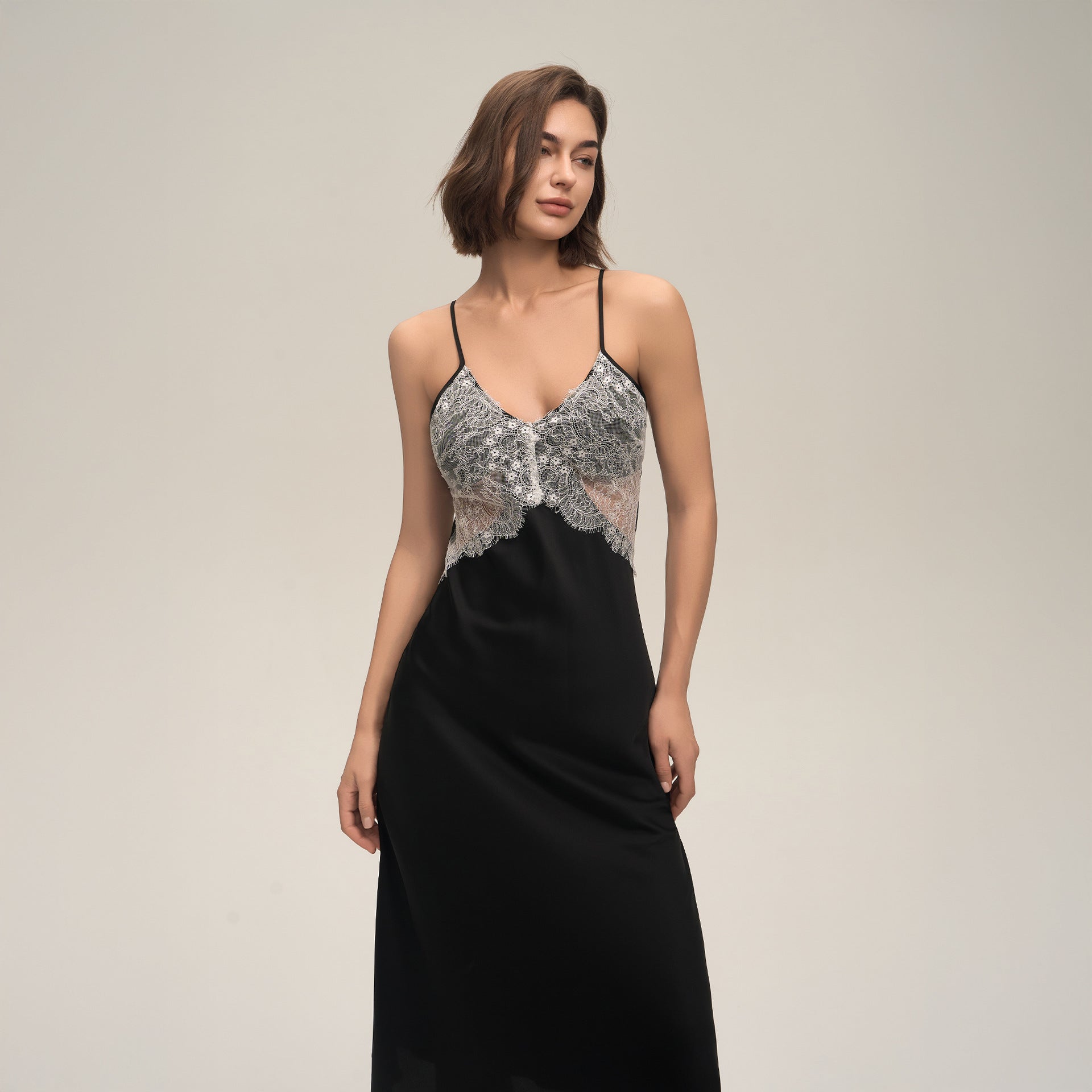 Satin Chiffon Lace Backless Spaghetti Strap Maxi Nightgown — Sexy Loungewear