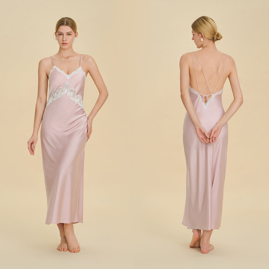 Lace Splice Deep V Off-Shoulder Nightgown | Backless Sexy Loungewear