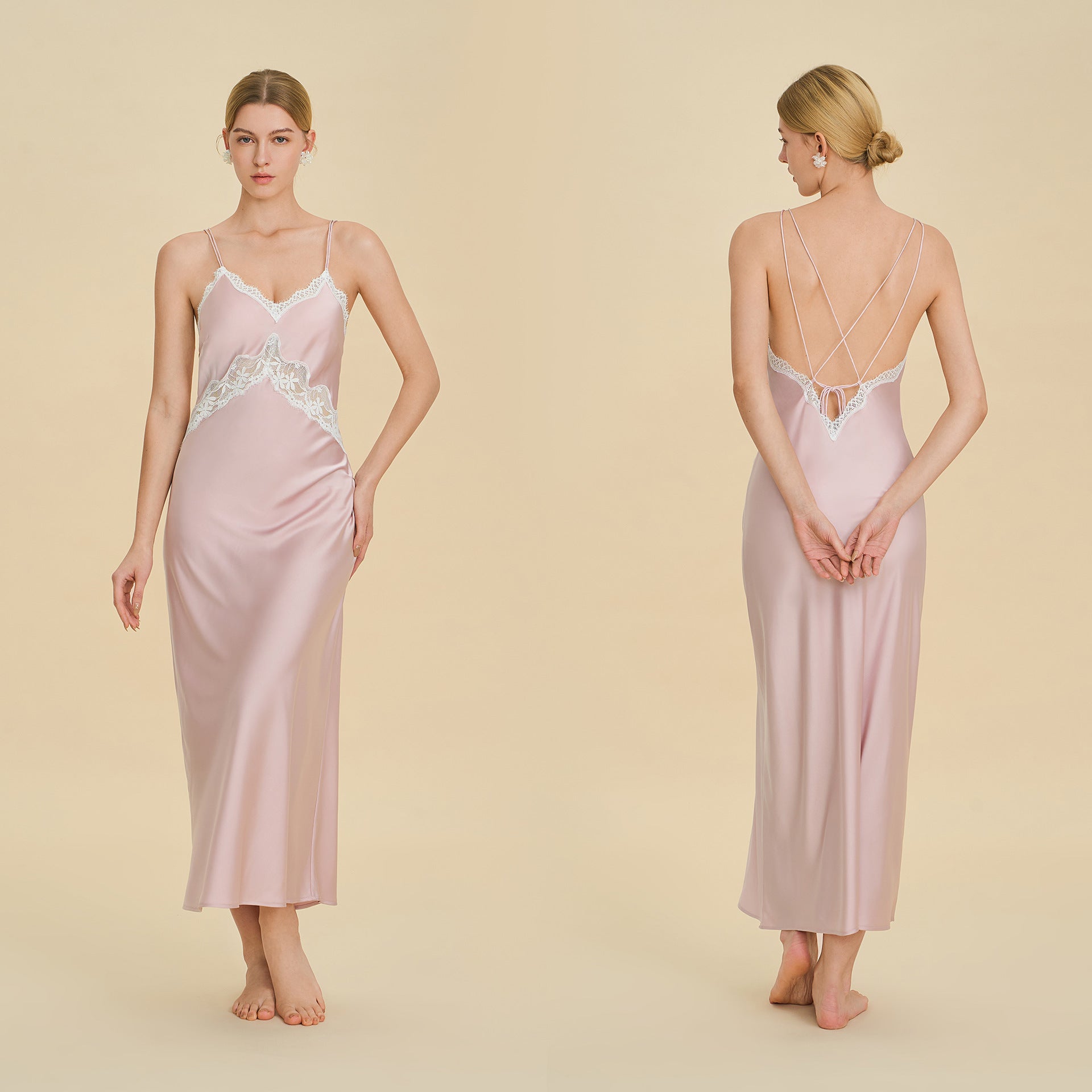 Lace Splice Deep V Off-Shoulder Nightgown | Backless Sexy Loungewear