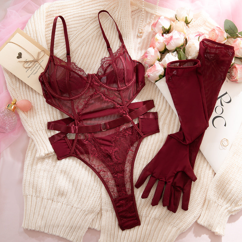 Burgundy Lace Hollow-Out Sculpting Bodysuit with Gloves