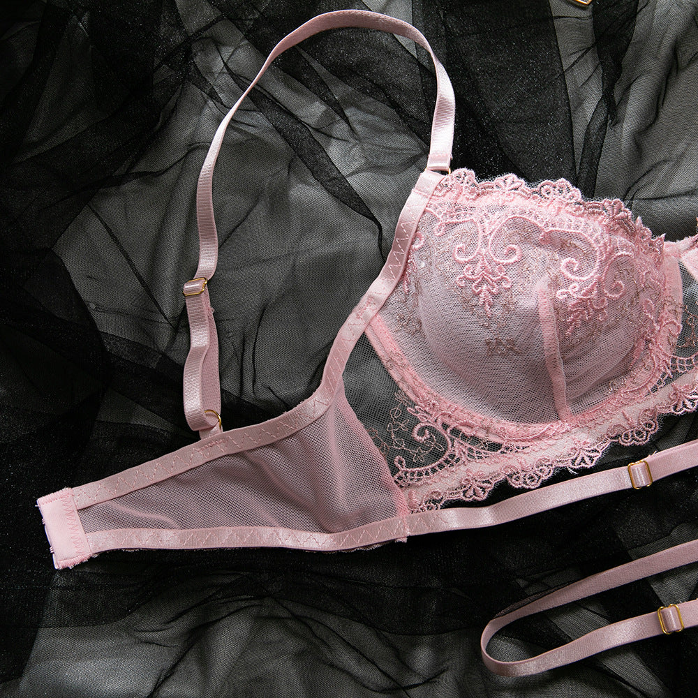 Pink Embroidered Heart Halter Lingerie Set