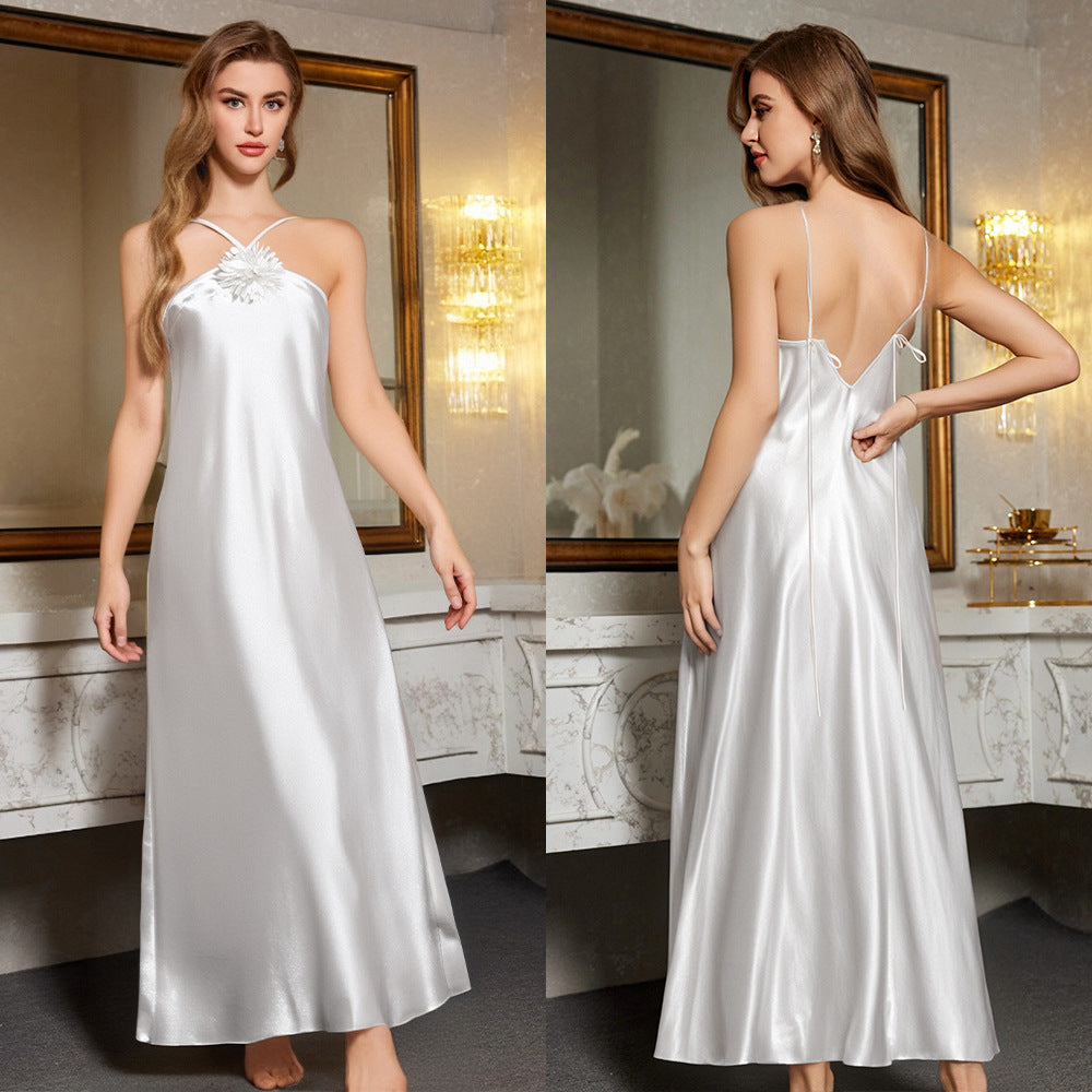 Halter Neck Open Back Satin Sleep Dress – Sexy Long Nightgown