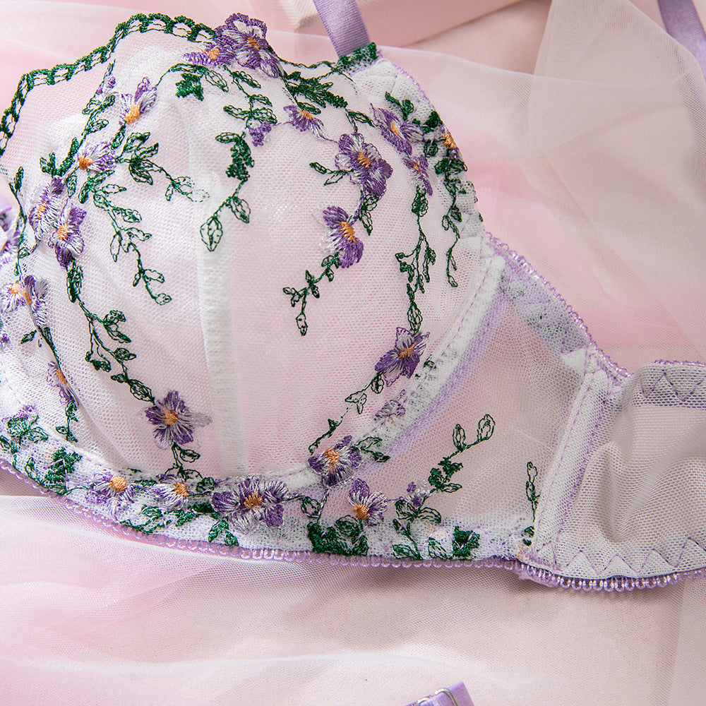Lavender Floral Embroidery Bow Sheer Mesh Bra Set