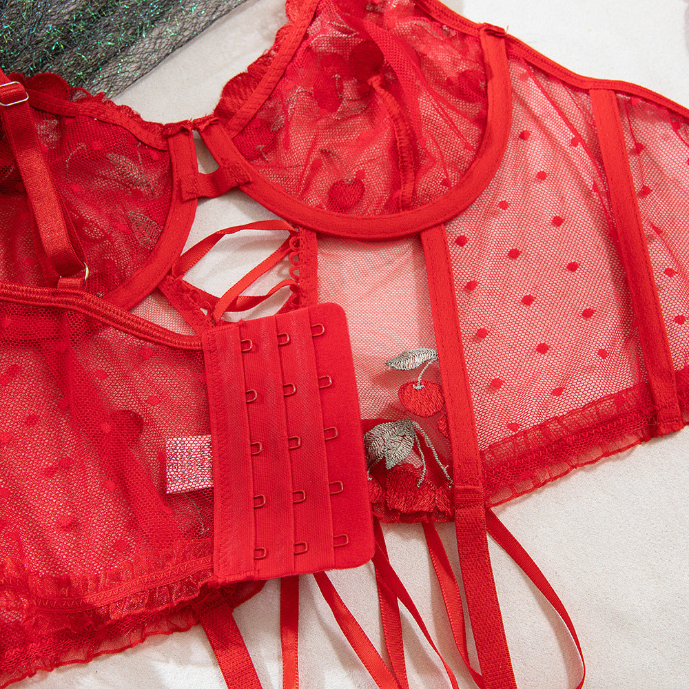 Floral Embroidered Gathering Tie Lingerie Set